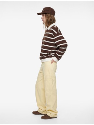 Koton Şardonlu Polo Yaka Çizgili Oversize Sweatshirt