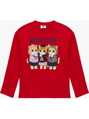 Koton Bisiklet Yaka Pamuklu Kedi Baskılı Uzun Kollu Tişört