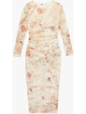 Koton Uzun Kollu Batik Desenli Varak Baskılı Parıltılı Bodycon Kalem Elbise