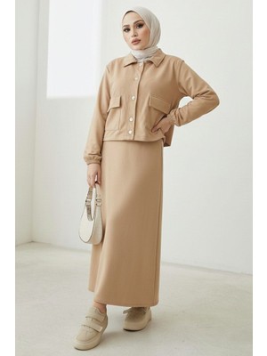 İlkimay.com Elmina Ceket Elbise Scuba Ikili Takım 1673 - Taş