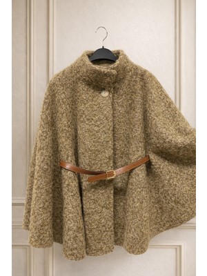 Nsade Kışlık Yaka Düğmeli Deri Kemerli Pelerin Panço