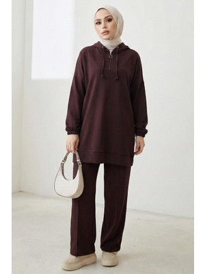 İlkimay.com Kapüşonlu Oysho Tunik Pantolon Ikili Takım 1676 - Kahve