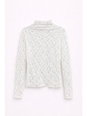 Mixray 2037 Kadın Dantelli Dik Yaka Uzun Kollu Transparan Bluz Beyaz