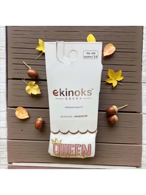 Ekinoks Queen Baskılı Koton Dikişsiz Kız Çocuk Külotlu Çorap - RYZEÇ001 - Ekru - 5 - 6 Yaş Ekru