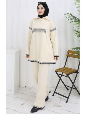 Triko Dik Yaka Fermuarlı Tunik Pantolon Ikili Takım 1105-03 Bej