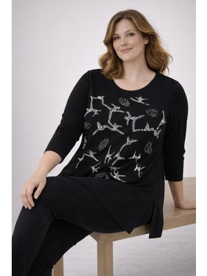Şans Kadın Büyük Beden Siyah, Baskı ve Taş Detaylı, Yan Yırtmaç Bluz 65N39346