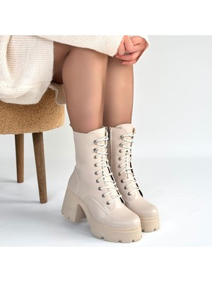 SEPET365 Jones Bej Cilt Bağcıklı Topuklu Bot