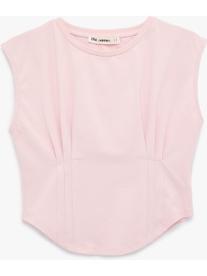 Koton Dikiş Detaylı Slim Fit Bisiklet Yaka Kolsuz Crop Tişört