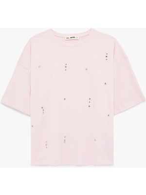 Koton Kısa Kollu Bisiklet Yaka Pamuklu Taşlı Tişört