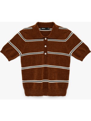 Koton Kısa Kollu Polo Yaka Çizgili Şönil Kazak