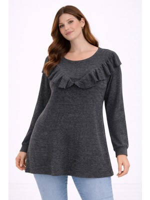 Şans Kadın Büyük Beden Antrasit, Fırfır Detaylı, Yün Viskon Tunik 65N39302