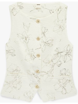 Koton Pamuklu Mücevher Düğme Detaylı Bisiklet Yaka Çiçekli Yelek