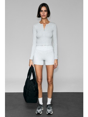 Urban Beat Tullıa Kadın Önü Fermuarlı Baskılı Esnek ve Yumuşak Kumaşlı Slim Fit Grimelanj Bluz