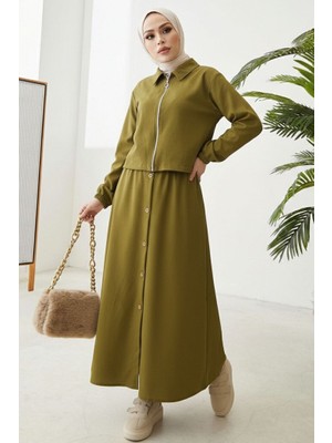 İlkimay.com Fermuarlı Tunik Etek Ikili Takım 1674 - Yağ Yeşili