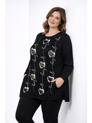 Şans Kadın Büyük Beden Siyah, Baskı ve Taş Detaylı, Yan Yırtmaç Bluz 65N39347