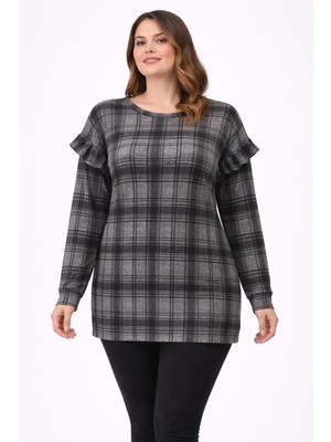 Şans Kadın Büyük Beden Gri, Ekose Desen, Fırfır Detaylı Yün Viskon Tunik 65N39304