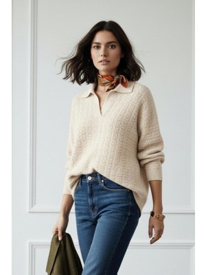 Sherin Bej Polo Yaka Oversize Triko Kazak