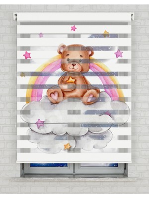 BRIGHTCOVER Gökkuşağı ve Sevimli Ayıcık Baskılı Zebra Perde - Gece Gündüz - Bebek Odası Perdesi | Kokusuz Mürekkeple Basılmış  Zebra Perdeler ile Sende Tarzını Yansıt! | 1 Dakikada Pratik Montaj