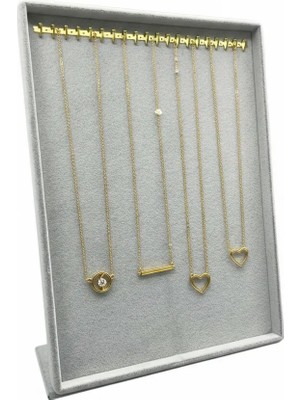 Megass Dekor Süet Kumaş Çerceveli Gri Renk 34/24 cm Tırnaklı Ayaklı Tesbih-Kolye-Zincir Takı Standi