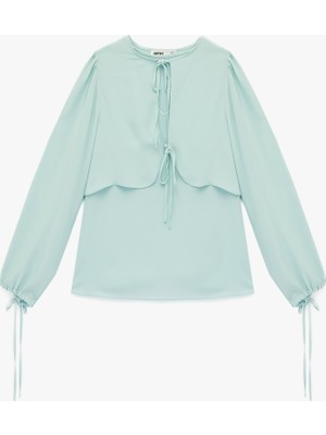 Koton Uzun Kollu Bağcıklı Yuvarlak Yaka Şifon Bluz