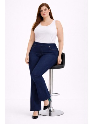 Şans Kadın Büyük Beden Lacivert, Yüksek Bel, Bel Lastikli, Süs Cep, Ispanyol Paça Kot Pantolon 65N39324