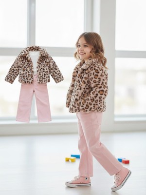 Kız Çocuk Leopar Desenli Peluş Kürk Ceketli 3'lü Kombin Takım