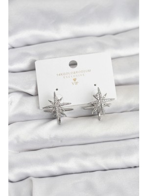 Eco Lounge Gümüş Renk Pirinç Çift Taraflı Kutup Yıldızı Kadın Küpe