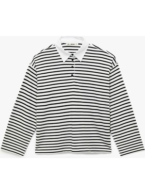 Koton Uzun Kollu Düğmeli Polo Yaka Çizgili Oversize Tişört
