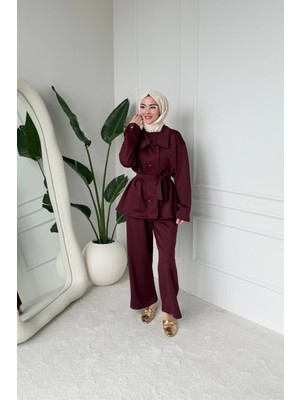 Mihran Butik Sophie Model Bel Kemer ve Düğme Detaylı Kadın Takım Bordo