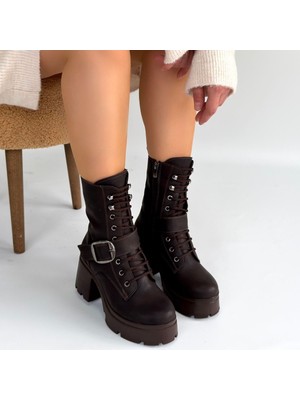 SEPET365 Linma Acı Kahve Cilt Bağcıklı Topuklu Bot