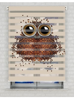 BRIGHTCOVER Baykuş ve Kahveler Baskılı Zebra Perde - Gece Gündüz Kullanıma Uygundur - Mutfak Perdesi | Kokusuz Mürekkeple Basılmış  Zebra Perdeler ile Sende Tarzını Yansıt! | 1 Dakikada Pratik Montaj