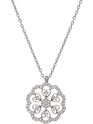 Nagiss Kalp Detaylı Çiçek Model Zirkon Taşlı 925 Ayar Gümüş Kadın Kolye