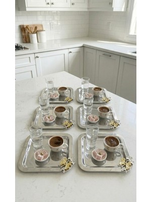 Fabriona Parlak Gümüş/gold Renk 6’lı Lüx Kelebek Detaylı Tepsi 22X22 cm – Çay Kahve ve Söz Nişan Tepsisi