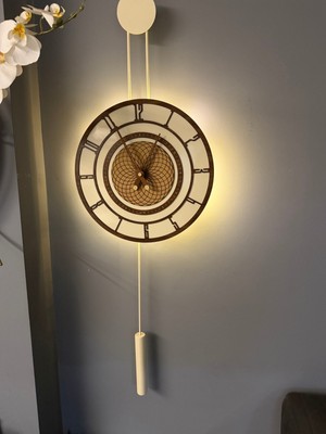 MetaQuartz Aksesuar Ekru-Ceviz Pendulum Full Çelik - Metal Ledli Duvar Saati