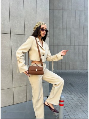 Özüm Takı Çanta Kadın Küçük Boy Süet El ve Omuz Çantası Taba Renk