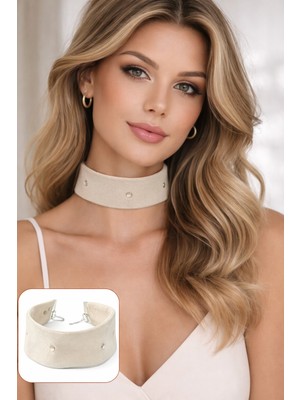 Syaze 4 cm Geniş Ekru Süet Kumaş Metal Detaylı Kadın Choker Kolye