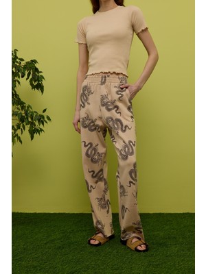 Tubia Kadın Bej Baskılı Beli Lastikli Eşofman Altı