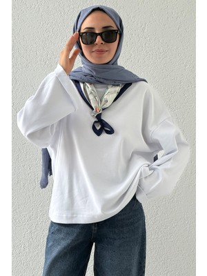 Akala %100 Pamuk Oversize Bisiklet Yaka Geniş Kollu Kadın Sweatshirt - Uzun Kollu Tişört