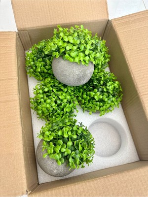 FB Cup 6'lı Gri Taş Görünümlü Polystone Saksılı Yapay Çiçek Seti - Dekoratif Masa Üstü Şimşir Topu