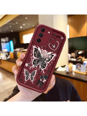 Ucuc Samsung Galaxy S21 Fe 5g Uyumlu Anti-Çarpma Kamerası Koruma Sevgi Kelebek Desen Burgundy Silikon Kılıf