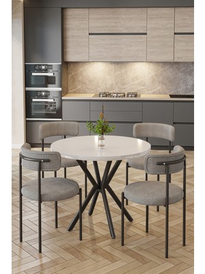 Baresmu Barted Masa Sandalye Takımı 4 Kişilik | Yuvarlak 90 cm | Teddy Sandalyeli Modern Tasarım