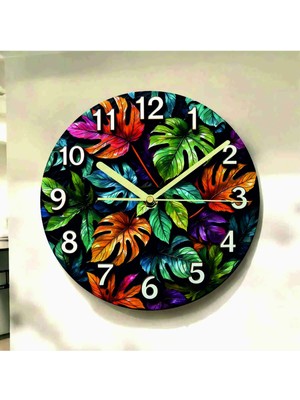AA Shop Yaprak Renkli Baskı Desenli Sayılı Hediyelik Ahşap Sessiz Tablo Duvar Saati 728