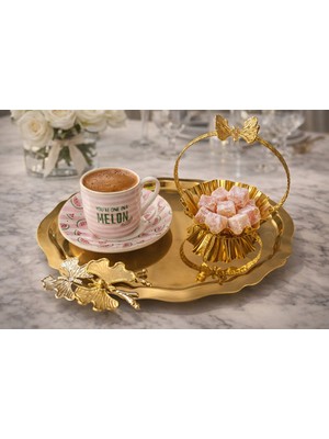 Fabriona 6’lı Paslanmaz Çelik Oval Kelebek Aksesuarlı Çay Kahve Sunum Söz Nişan Tepsisi Gold & Gümüş 20X25 cm