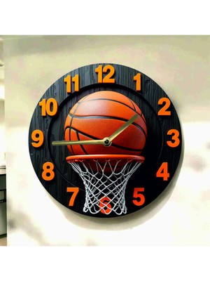 AA Shop Basketbol Topu Pota Renkli Baskı Desenli Sayılı Hediyelik Ahşap Sessiz Tablo Duvar Saati 686