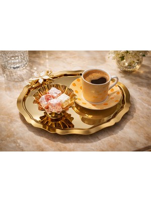 Fabriona 6’lı Paslanmaz Çelik Oval Mini Papatyalı Çay Kahve Sunum Söz Nişan Tepsisi Gold & Gümüş 20X25 cm