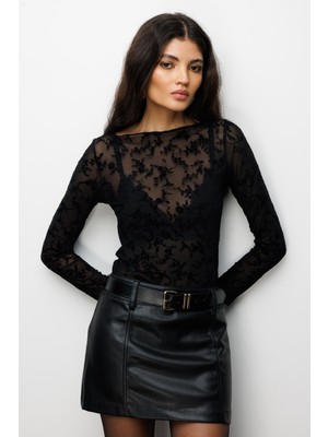 Mixray 4801 Kadın Desenli Transparan Tül Bluz Siyah