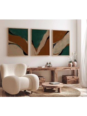 Pam Studio Yeşil Kahverengi Bej Tonlarında Soyut 3’lü Tablo Seti – Modern Doğal Duvar Dekoru
