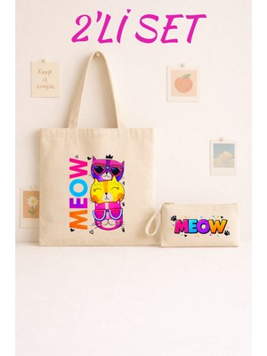 Maki Craft Renkli Meow Kedi Temalı 2’li Bez Çanta & Fermuarlı Kalemlik Seti