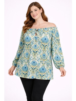 Şans Kadın Büyük Beden Turkuaz, Yaka Kroşeta Detaylı, Reglan Kol, Kol Ağzı Lastikli Bluz 65N39291