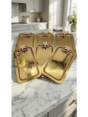 Fabriona Parlak Gümüş/gold Renk 6’lı Lüx Papatyalı Baton Tepsi 14X24 cm – Çay Kahve ve Söz Nişan Tepsisi